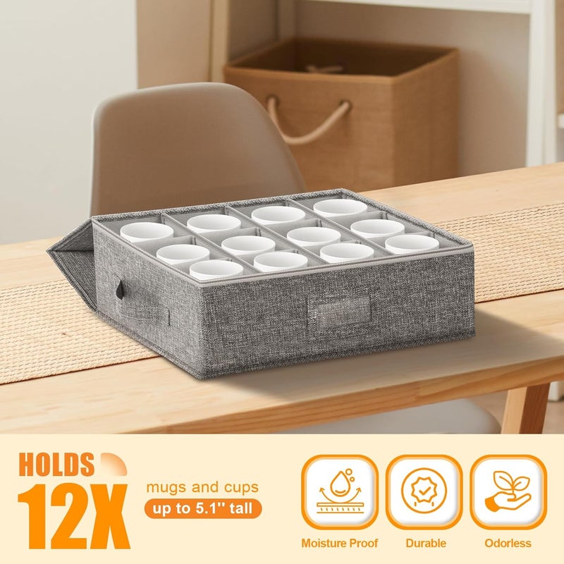 Kukikan Coffee Mug Storage Box 2 Pack with Dividers, China Storage Containers Organizer Moving Supplies, Hard Shell & Stackable for Coffee Mugs, Tea Cups w/Sturdy Lid & Handles, 24 Compartments, Grey - Image 3